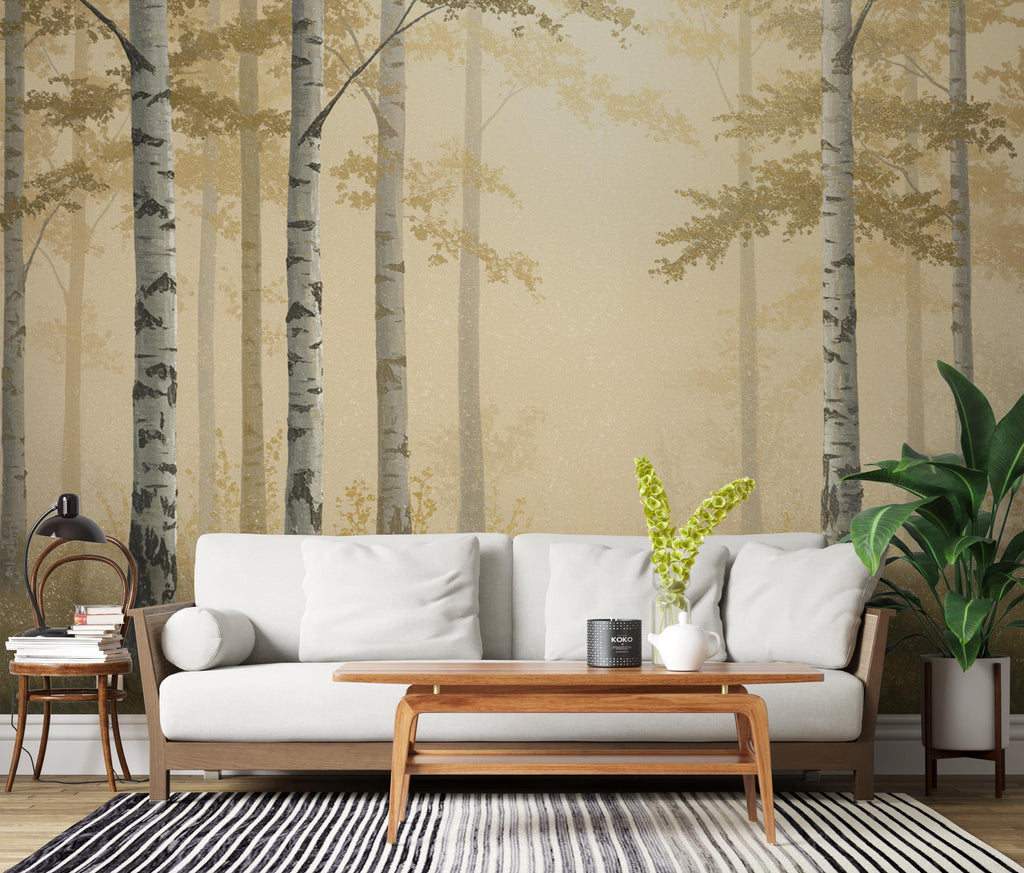 Gold Forest Wallpaper Mural, Dramatic Gold Tree Wall Art, Moody Gold Woodland Decor, Luxury Painterly Nature Mural 224DE
