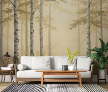 Load image into Gallery viewer, Gold Forest Wallpaper Mural, Dramatic Gold Tree Wall Art, Moody Gold Woodland Decor, Luxury Painterly Nature Mural 224DE