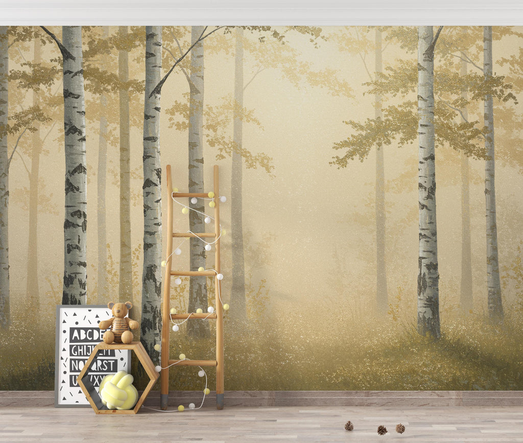 Gold Forest Wallpaper Mural, Dramatic Gold Tree Wall Art, Moody Gold Woodland Decor, Luxury Painterly Nature Mural 224DE