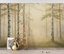 Load image into Gallery viewer, Gold Forest Wallpaper Mural, Dramatic Gold Tree Wall Art, Moody Gold Woodland Decor, Luxury Painterly Nature Mural 224DE
