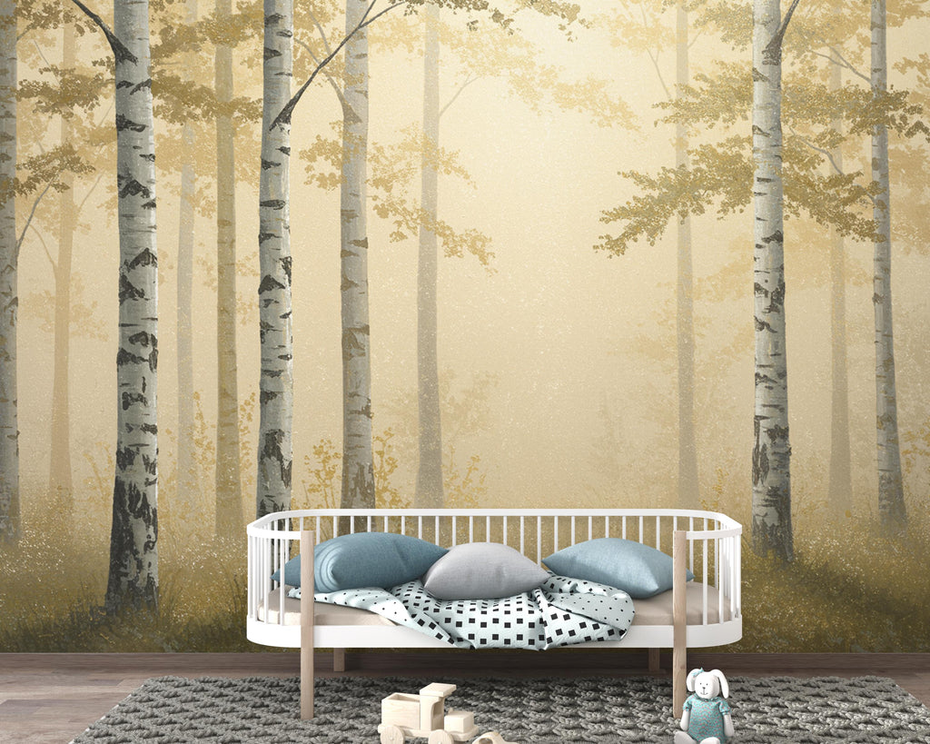 Gold Forest Wallpaper Mural, Dramatic Gold Tree Wall Art, Moody Gold Woodland Decor, Luxury Painterly Nature Mural 224DE
