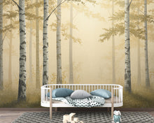 Load image into Gallery viewer, Gold Forest Wallpaper Mural, Dramatic Gold Tree Wall Art, Moody Gold Woodland Decor, Luxury Painterly Nature Mural 224DE