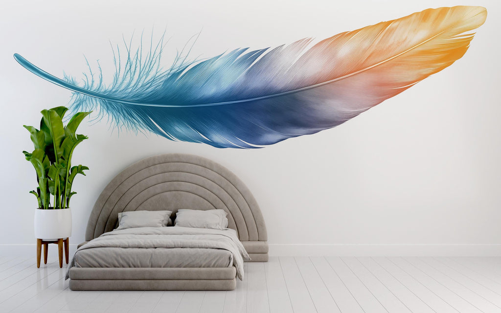 Minimalist Feather Wall Decal, Blue Gold Feather Wall Sticker, Modern Bedroom Wall Decor, Neutral Boho Wall Art, Peel And Stick Wall Decal