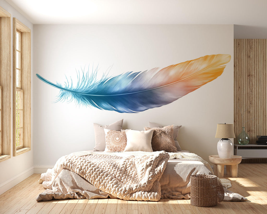 Minimalist Feather Wall Decal, Blue Gold Feather Wall Sticker, Modern Bedroom Wall Decor, Neutral Boho Wall Art, Peel And Stick Wall Decal