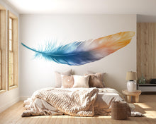 Load image into Gallery viewer, Minimalist Feather Wall Decal, Blue Gold Feather Wall Sticker, Modern Bedroom Wall Decor, Neutral Boho Wall Art, Peel And Stick Wall Decal