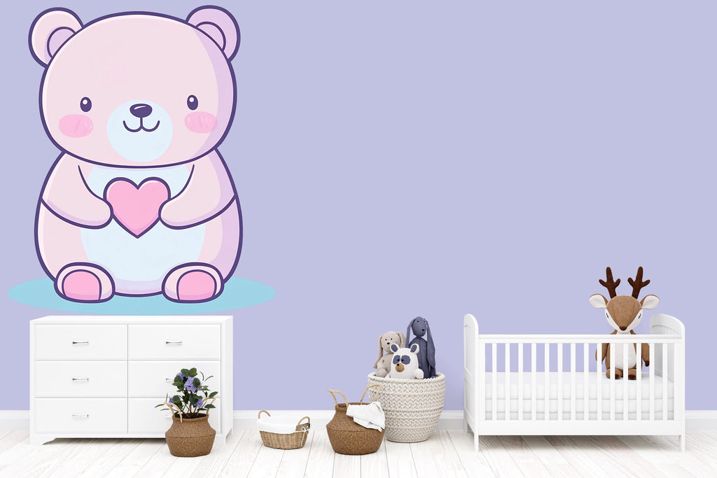 Kawaii Bear Wall Decal For Nursery Or Kids Room, Cute Pastel Bear Holding Heart Wall Sticker, Baby Room Wall Art, Peel And Stick Decor