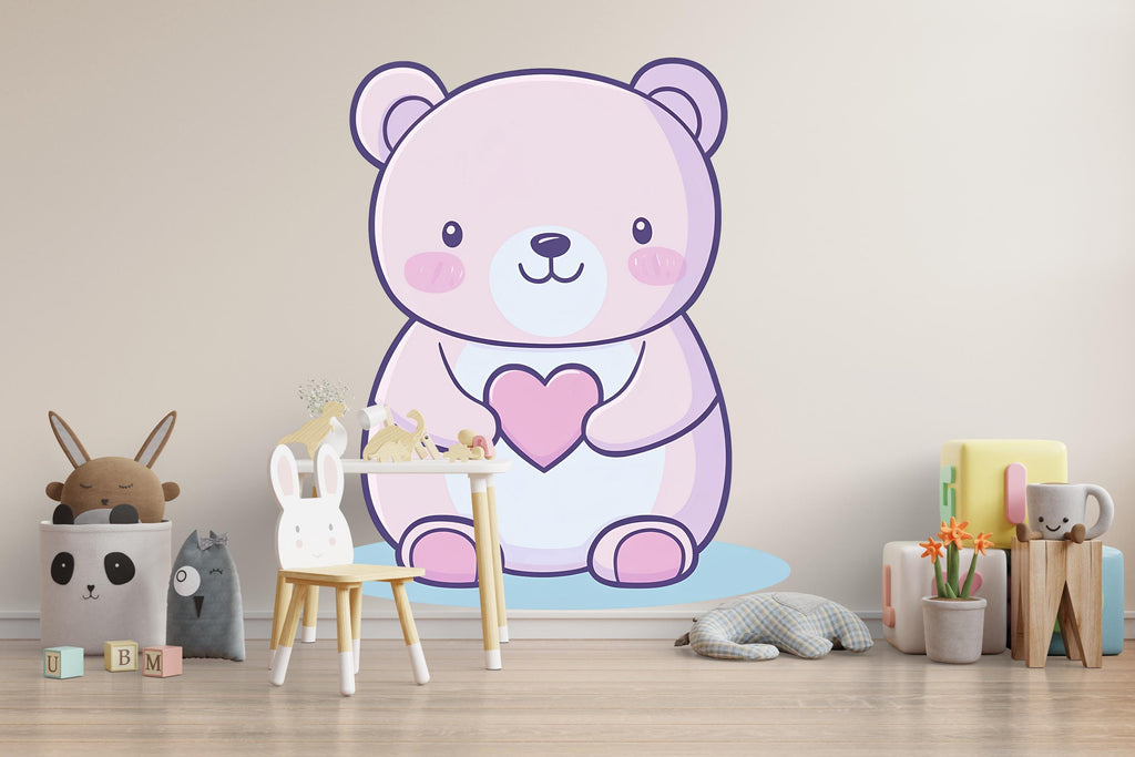 Kawaii Bear Wall Decal For Nursery Or Kids Room, Cute Pastel Bear Holding Heart Wall Sticker, Baby Room Wall Art, Peel And Stick Decor