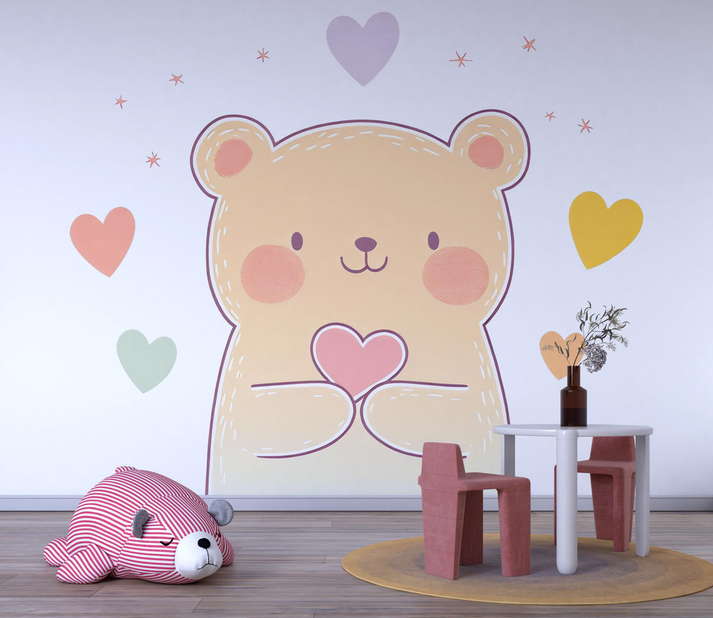 Kawaii Bear Wall Decal With Hearts For Nursery Or Kids Room, Cute Pastel Bear Wall Sticker, Baby Room Wall Art, Peel And Stick Decor