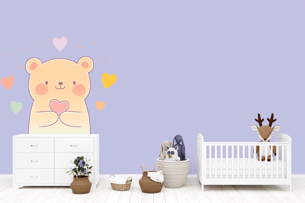 Kawaii Bear Wall Decal With Hearts For Nursery Or Kids Room, Cute Pastel Bear Wall Sticker, Baby Room Wall Art, Peel And Stick Decor