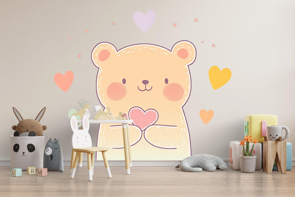 Kawaii Bear Wall Decal With Hearts For Nursery Or Kids Room, Cute Pastel Bear Wall Sticker, Baby Room Wall Art, Peel And Stick Decor