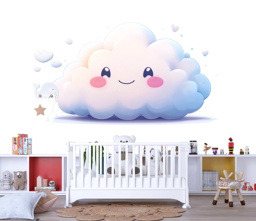 Kawaii Cloud Wall Decal For Nursery Or Kids Room, Cute Smiling Cloud Wall Sticker, Baby Room Wall Art, Peel And Stick Decor
