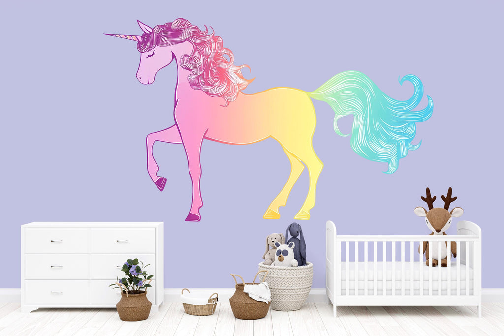Kawaii Unicorn Wall Decal For Nursery Or Kids Room, Rainbow Unicorn Wall Sticker, Cute Fantasy Baby Room Wall Art, Peel And Stick Decor