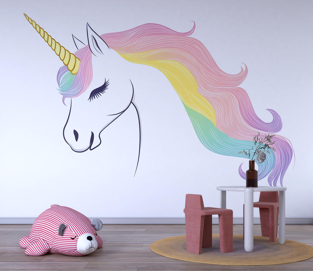 Kawaii Unicorn Wall Decal For Nursery Or Kids Room, Pastel Rainbow Unicorn Head Wall Sticker, Cute Fantasy Baby Room Wall Art
