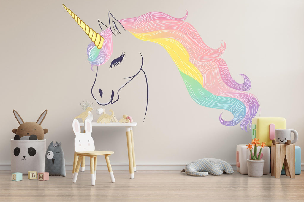 Kawaii Unicorn Wall Decal For Nursery Or Kids Room, Pastel Rainbow Unicorn Head Wall Sticker, Cute Fantasy Baby Room Wall Art
