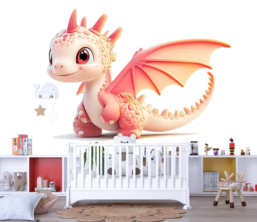 Kawaii Dragon Wall Decal For Nursery Or Kids Room, Cute Pink Baby Dragon Wall Sticker, Fantasy Baby Room Wall Art, Peel And Stick Decor