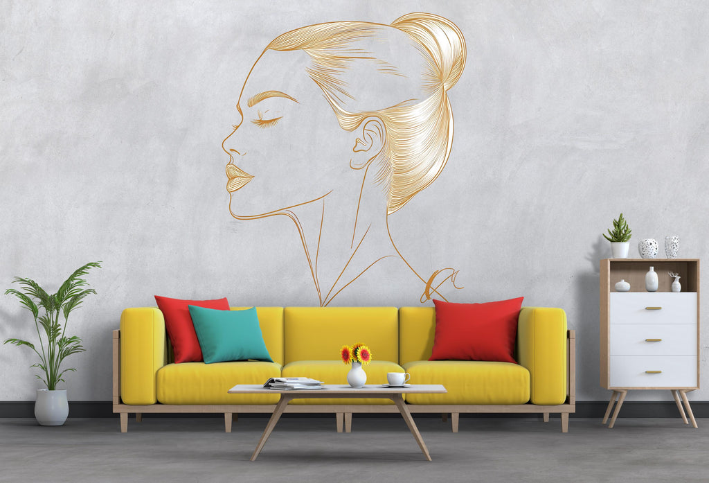 Gold Line Art Woman Wall Decal, Minimalist Female Profile Wall Sticker, Elegant Bedroom Wall Decor, Modern Beauty Room Wall Art