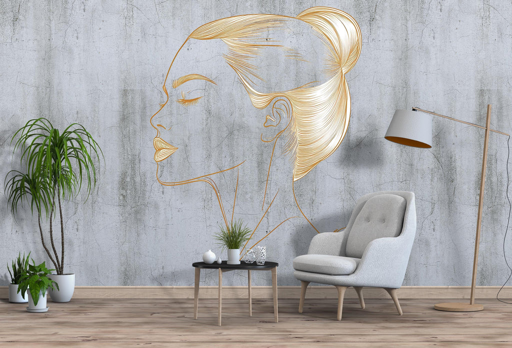 Gold Line Art Woman Wall Decal, Minimalist Female Profile Wall Sticker, Elegant Bedroom Wall Decor, Modern Beauty Room Wall Art