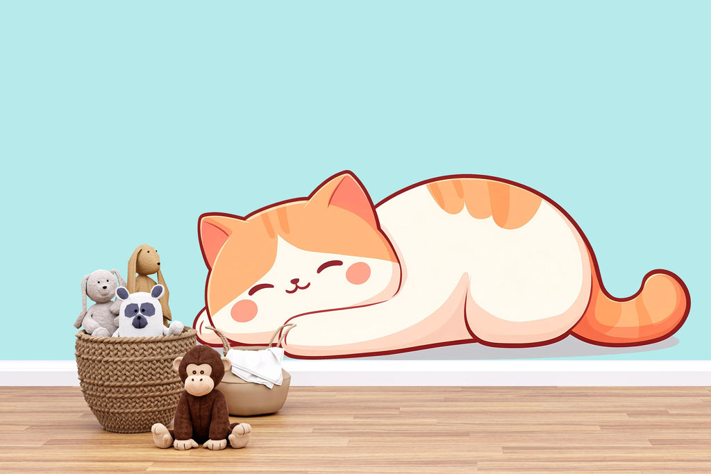 Kawaii Sleeping Cat Wall Decal For Nursery Or Kids Room, Cute Cat Wall Sticker, Baby Animal Nursery Wall Art, Peel And Stick Decor