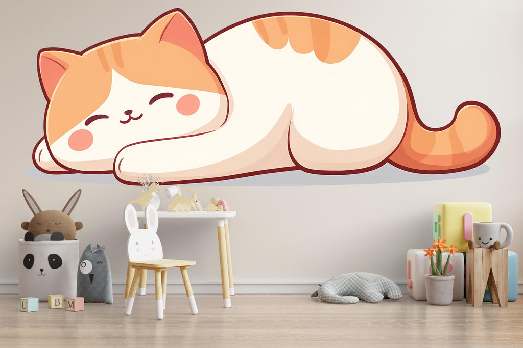 Kawaii Sleeping Cat Wall Decal For Nursery Or Kids Room, Cute Cat Wall Sticker, Baby Animal Nursery Wall Art, Peel And Stick Decor