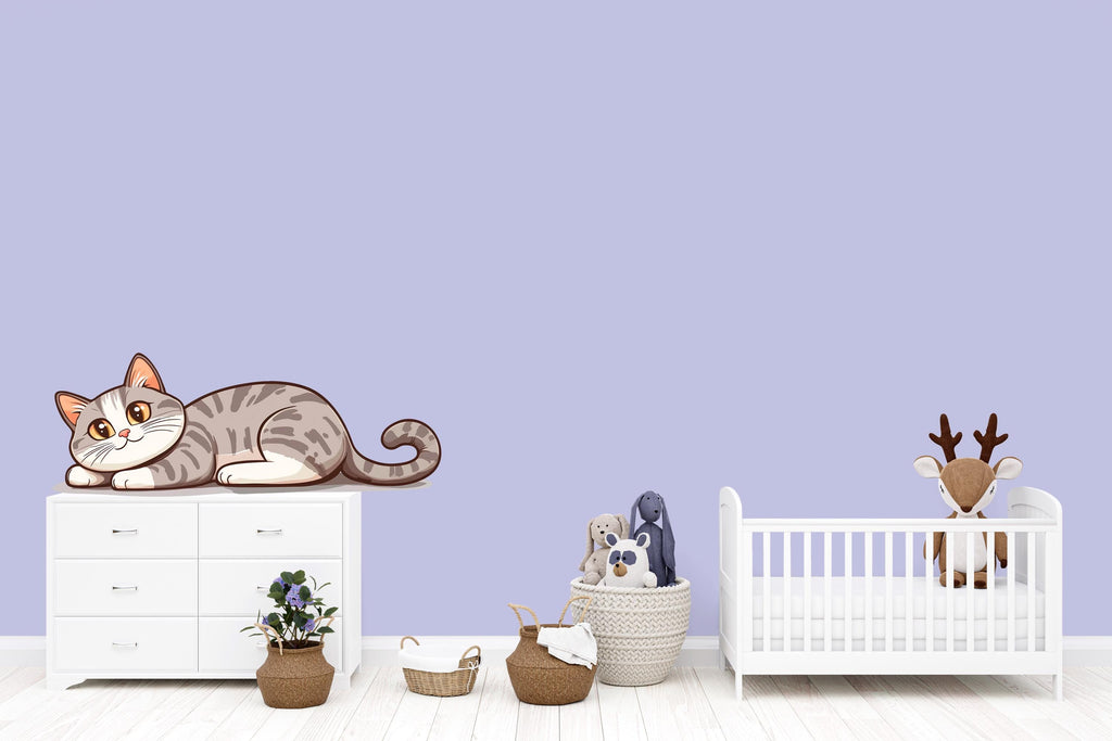 Kawaii Gray Cat Wall Decal For Nursery Or Kids Room, Cute Cat Wall Sticker, Sleeping Cat Wall Art, Peel And Stick Nursery Decor