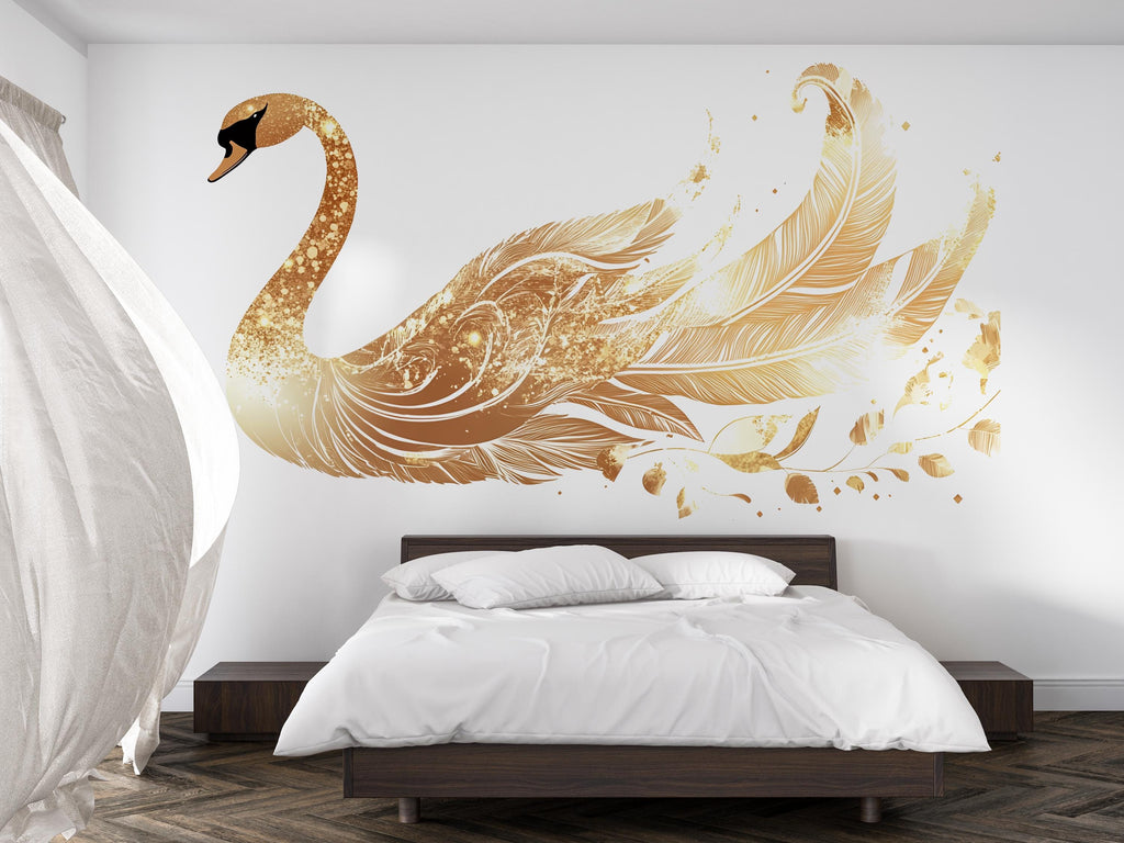 Golden Swan Wall Decal, Elegant Swan Wall Sticker, Luxury Bird Wall Art, Gold Swan Bedroom Decor, Peel And Stick Wall Decal, Modern Glam