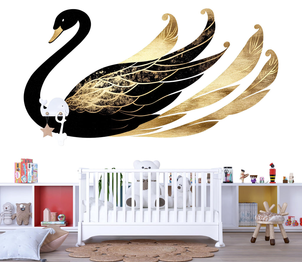 Black And Gold Swan Wall Decal, Elegant Swan Nursery Wall Sticker, Luxury Swan Wall Art, Baby Girl Nursery Decor, Peel And Stick Wall Decal