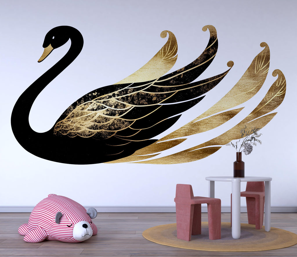 Black And Gold Swan Wall Decal, Elegant Swan Nursery Wall Sticker, Luxury Swan Wall Art, Baby Girl Nursery Decor, Peel And Stick Wall Decal