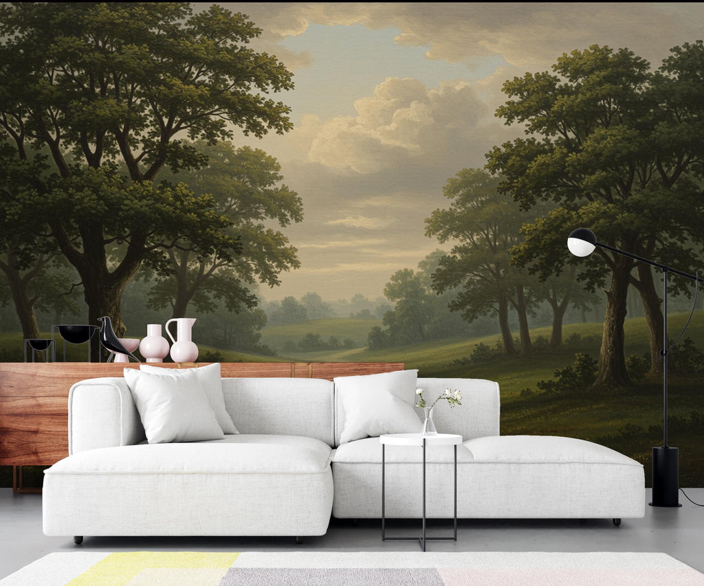 Forest Tree Wallpaper Mural, Birch Pine Trees, Dark Olive Green 238DE
