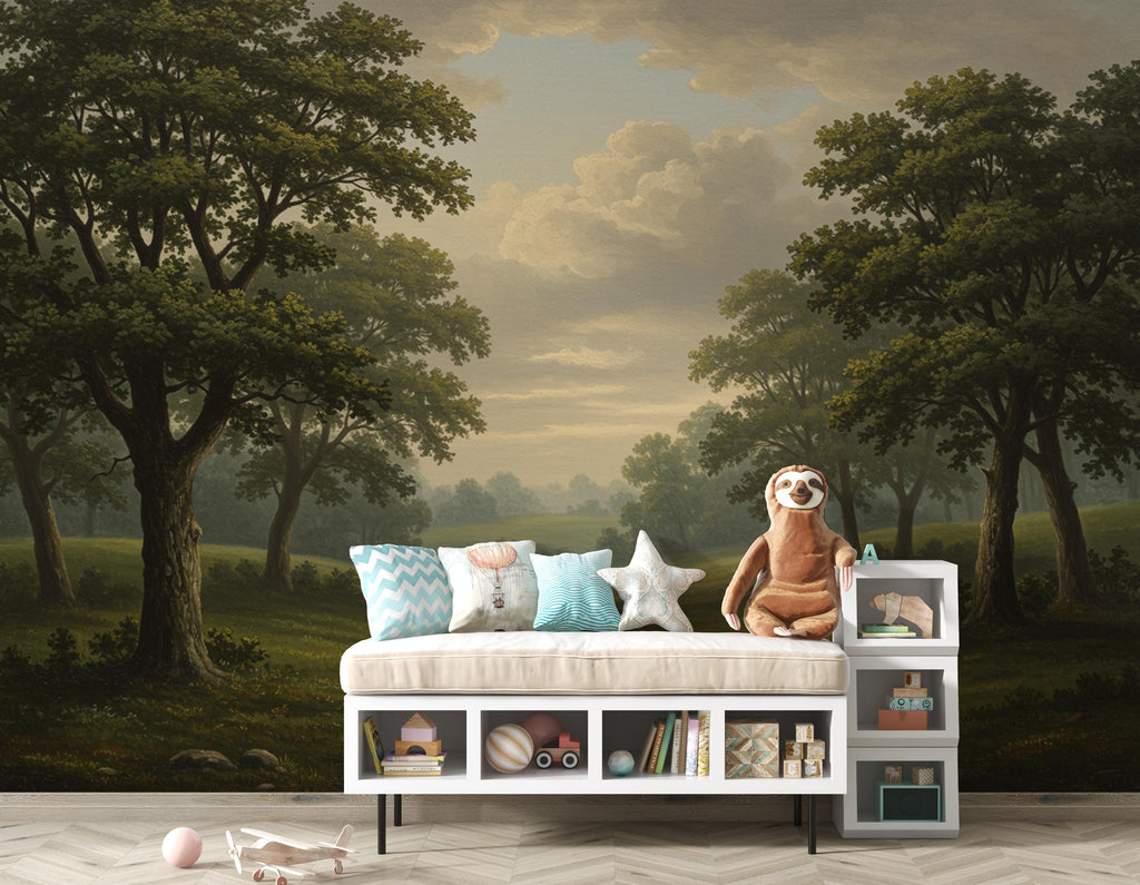Forest Tree Wallpaper Mural, Birch Pine Trees, Dark Olive Green 238DE