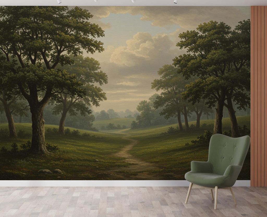 Forest Tree Wallpaper Mural, Birch Pine Trees, Dark Olive Green 238DE