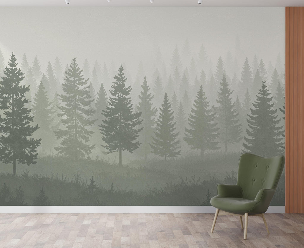 Dreamy Forest Wallpaper Mural – Watercolor Evergreen Trees, Forest wallpaper, Pine Tree Wall Art for Nursery Room 239DE