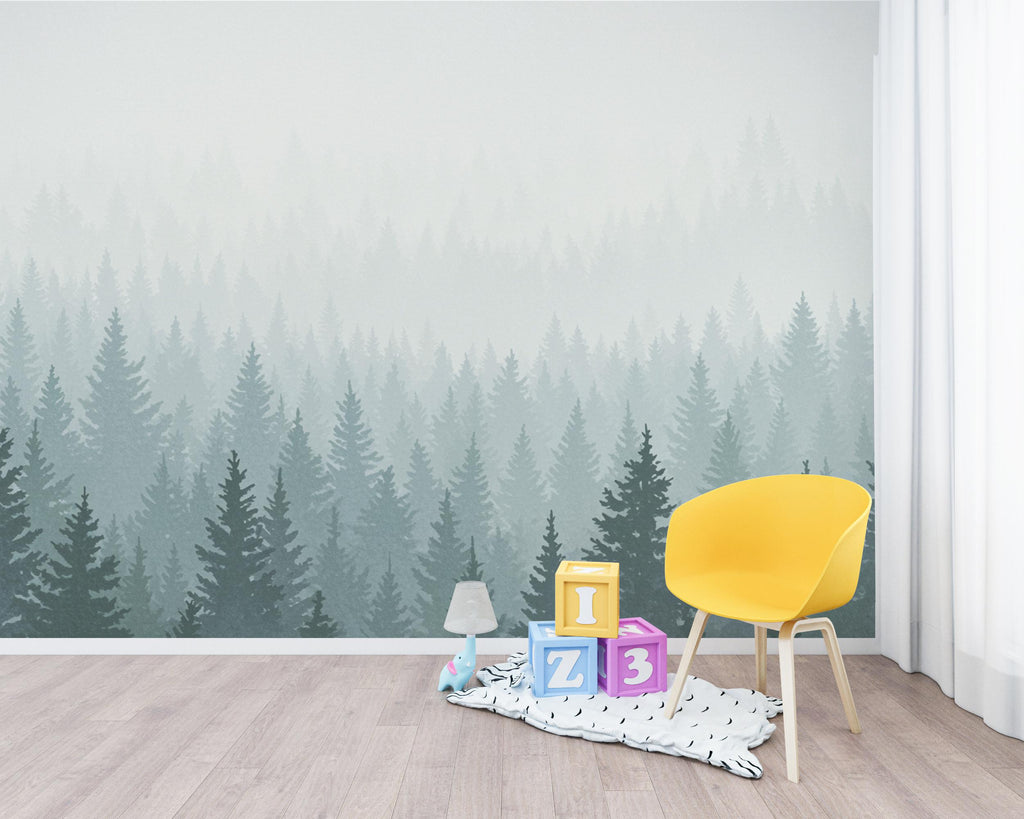 Dreamy Forest Wallpaper Mural – Watercolor Evergreen Trees, Forest wallpaper, Pine Tree Wall Art for Nursery Room 240DE