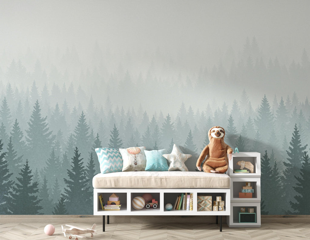 Dreamy Forest Wallpaper Mural – Watercolor Evergreen Trees, Forest wallpaper, Pine Tree Wall Art for Nursery Room 240DE