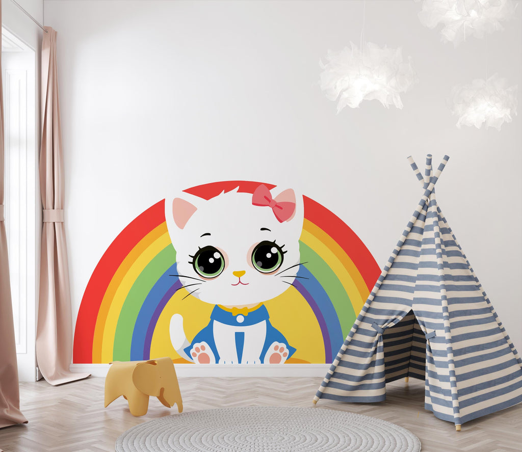 Cute Kitten Rainbow Wall Decal, Rainbow Kitty Decal, Cartoon Cat Nursery Decor, Kawaii Kids Room Wall Sticker, Baby Girl Playroom Art 714LU