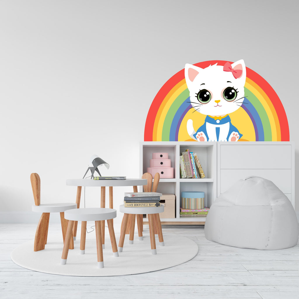 Cute Kitten Rainbow Wall Decal, Rainbow Kitty Decal, Cartoon Cat Nursery Decor, Kawaii Kids Room Wall Sticker, Baby Girl Playroom Art 714LU