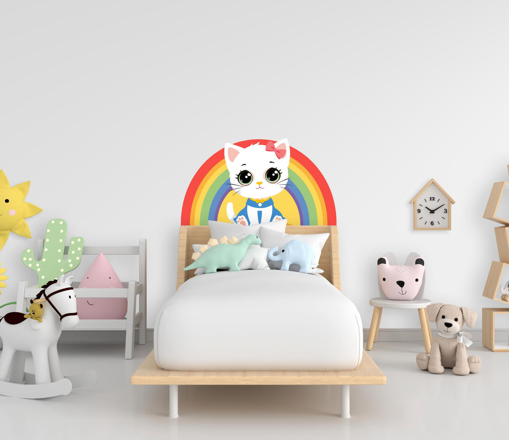 Cute Kitten Rainbow Wall Decal, Rainbow Kitty Decal, Cartoon Cat Nursery Decor, Kawaii Kids Room Wall Sticker, Baby Girl Playroom Art 714LU
