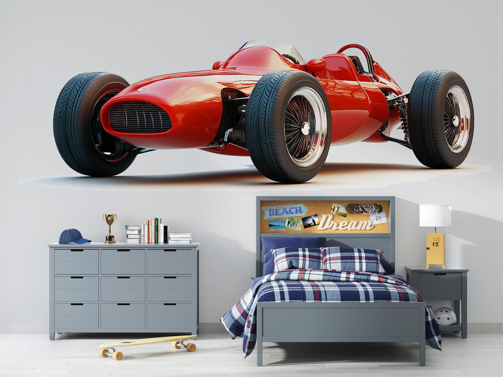 Vintage Race Car Wall Decal, Red Sports Car Wall Sticker, Kids Room Car Decor, Boys Bedroom Wall Art, Peel And Stick Wall Decal