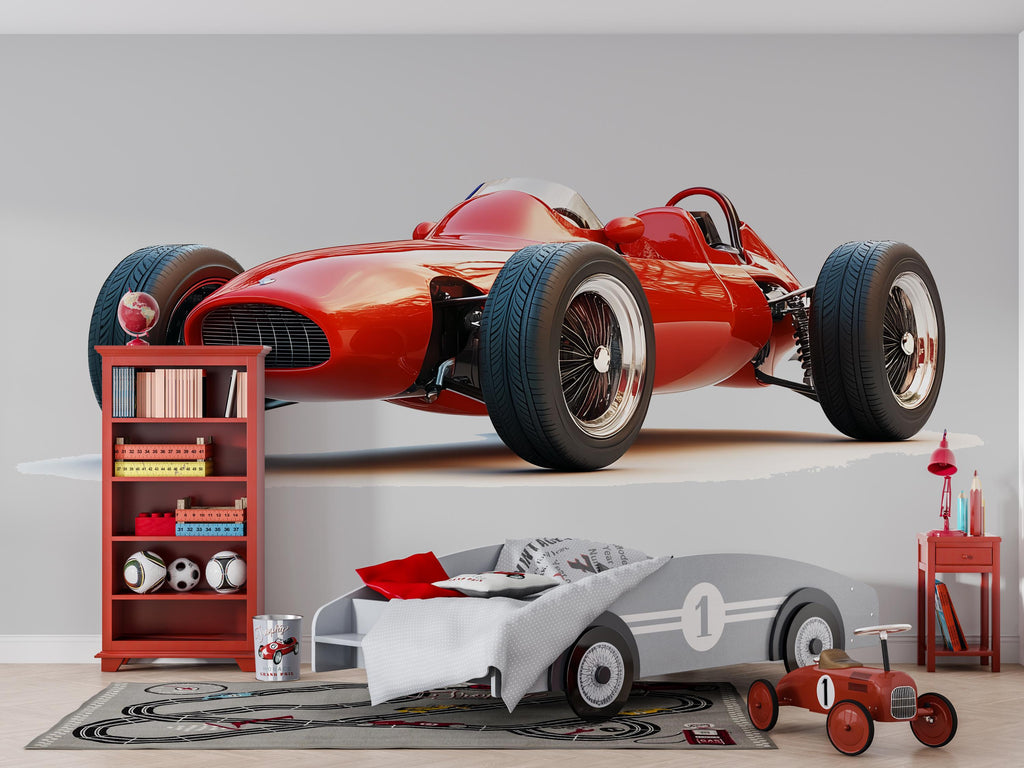 Vintage Race Car Wall Decal, Red Sports Car Wall Sticker, Kids Room Car Decor, Boys Bedroom Wall Art, Peel And Stick Wall Decal