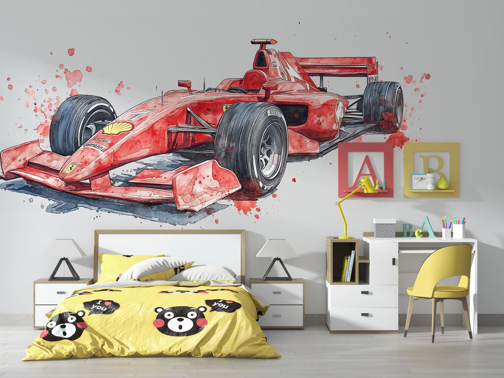 Formula Race Car Wall Decal For Kids Room, Watercolor Racing Car Wall Sticker, Boys Bedroom Wall Art, Car Theme Nursery Decor