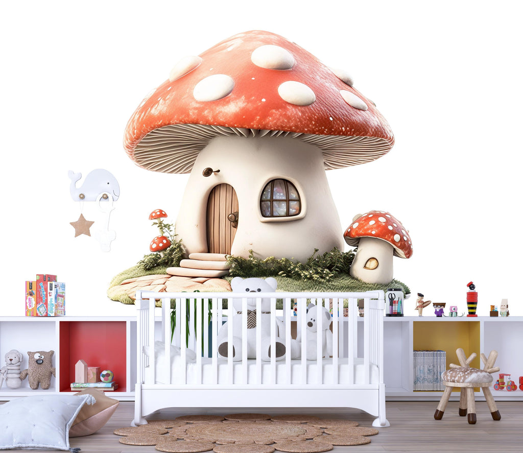 Kawaii Mushroom House Wall Decal, Fairy Nursery Wall Sticker, Woodland Kids Room Decor, Storybook Mushroom Wall Art, Peel And Stick Nursery