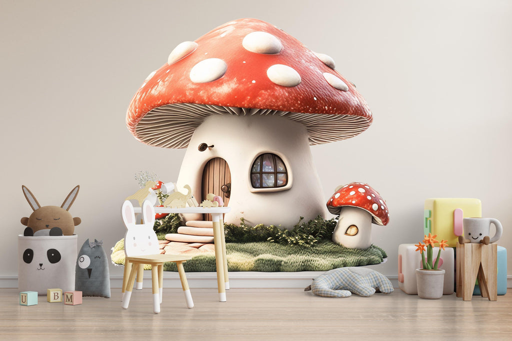 Kawaii Mushroom House Wall Decal, Fairy Nursery Wall Sticker, Woodland Kids Room Decor, Storybook Mushroom Wall Art, Peel And Stick Nursery