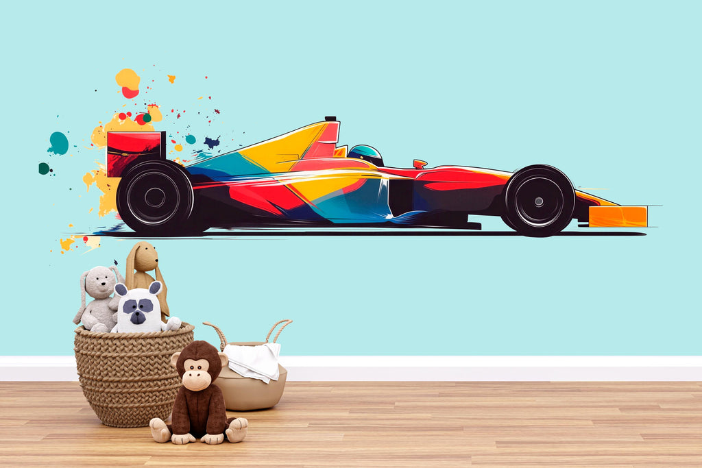 Colorful Formula Race Car Wall Decal For Kids Room, Abstract Racing Car Wall Sticker, Modern Car Nursery Wall Art