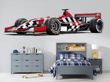 Load image into Gallery viewer, Checkered Formula Race Car Wall Decal For Kids Room, Racing Car Wall Sticker, Modern Formula Car Bedroom Wall Art