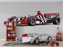 Load image into Gallery viewer, Checkered Formula Race Car Wall Decal For Kids Room, Racing Car Wall Sticker, Modern Formula Car Bedroom Wall Art