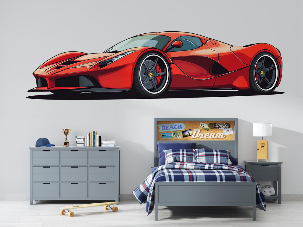 Red Sports Car Wall Decal For Kids Room, Supercar Wall Sticker, Modern Race Car Wall Art For Boys Bedroom