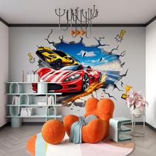 Load image into Gallery viewer, 3D Racing Car Wall Decal For Kids Room, Supercar Wall Sticker, Race Car Nursery Decor, Boys Bedroom Wall Art, Peel And Stick Car Decal