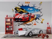 Load image into Gallery viewer, 3D Racing Car Wall Decal For Kids Room, Supercar Wall Sticker, Race Car Nursery Decor, Boys Bedroom Wall Art, Peel And Stick Car Decal