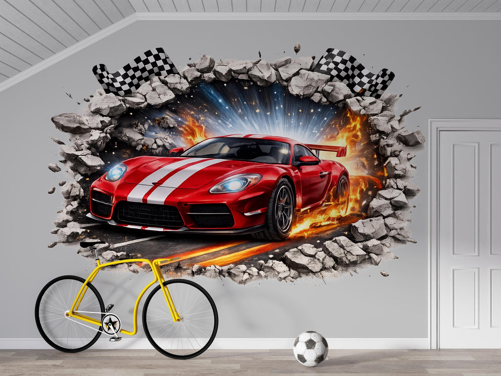 3D Racing Car Wall Decal For Boys Room, Sports Car Wall Sticker, Race Car Nursery Decor, Kids Bedroom Peel And Stick Wall Art