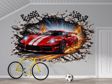 Load image into Gallery viewer, 3D Racing Car Wall Decal For Boys Room, Sports Car Wall Sticker, Race Car Nursery Decor, Kids Bedroom Peel And Stick Wall Art