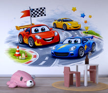 Load image into Gallery viewer, Cartoon Racing Cars Wall Decal For Kids Room, Colorful Race Track Wall Sticker, Playroom Nursery Decor, Peel And Stick Wall Art